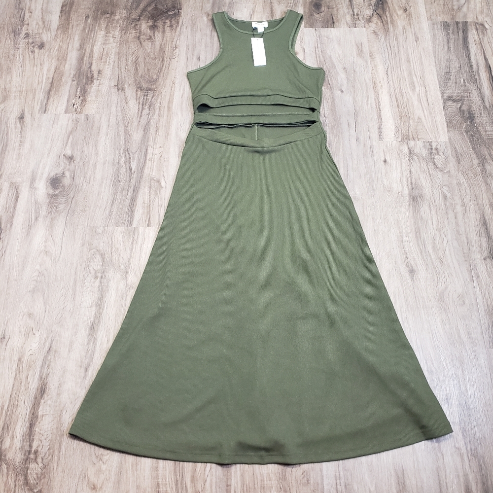 NWT The Drop Lucyswhims Olive Green Ribbed Cutout Midi Women's M Dress Racerback